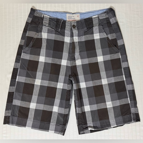 American Eagle Longer Length Grey Plaid Shorts Men's 32 Checkered Bermuda AEO - Picture 1 of 16